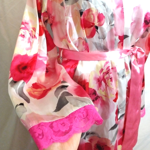 2Pc:Rose Satin Robe+Slip: Floral Pinks & White, Satin+ Lace, Tie, Straps, M - Picture 11 of 16